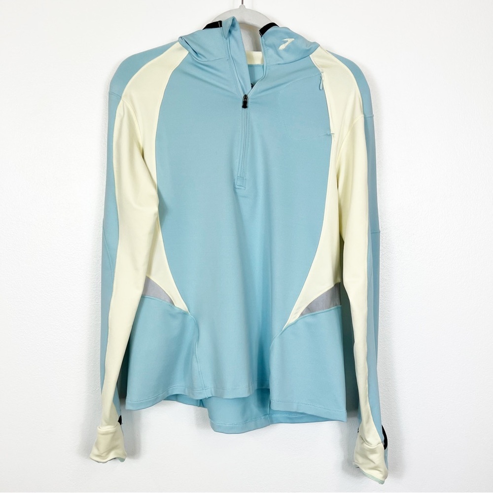 Brooks Hooded 1/4 Zip Pullover Light Blue & Cream Size Large
